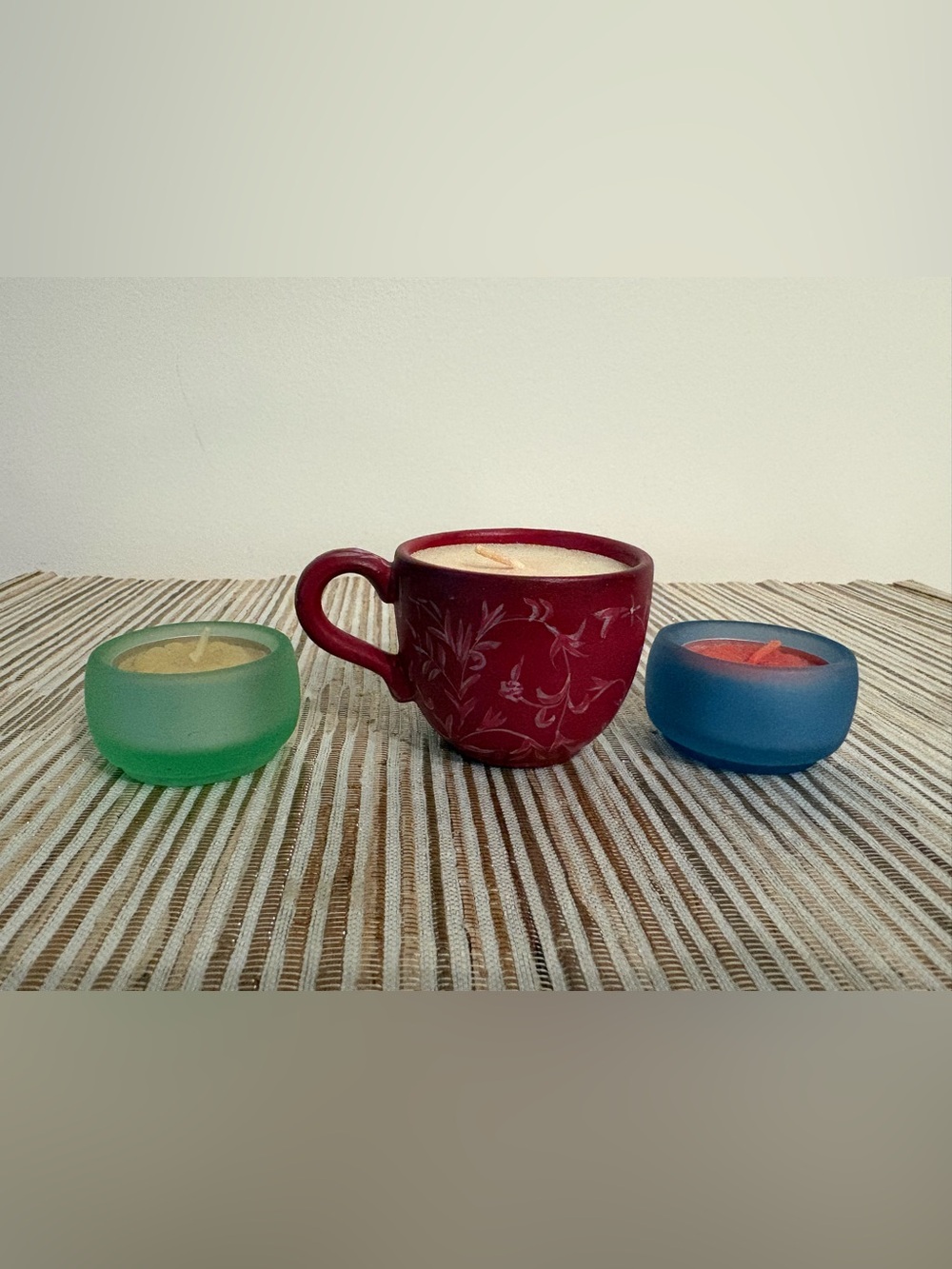 Red Floral Ceramic Mug Candle with Green and Blue Tealight Holders with Candles